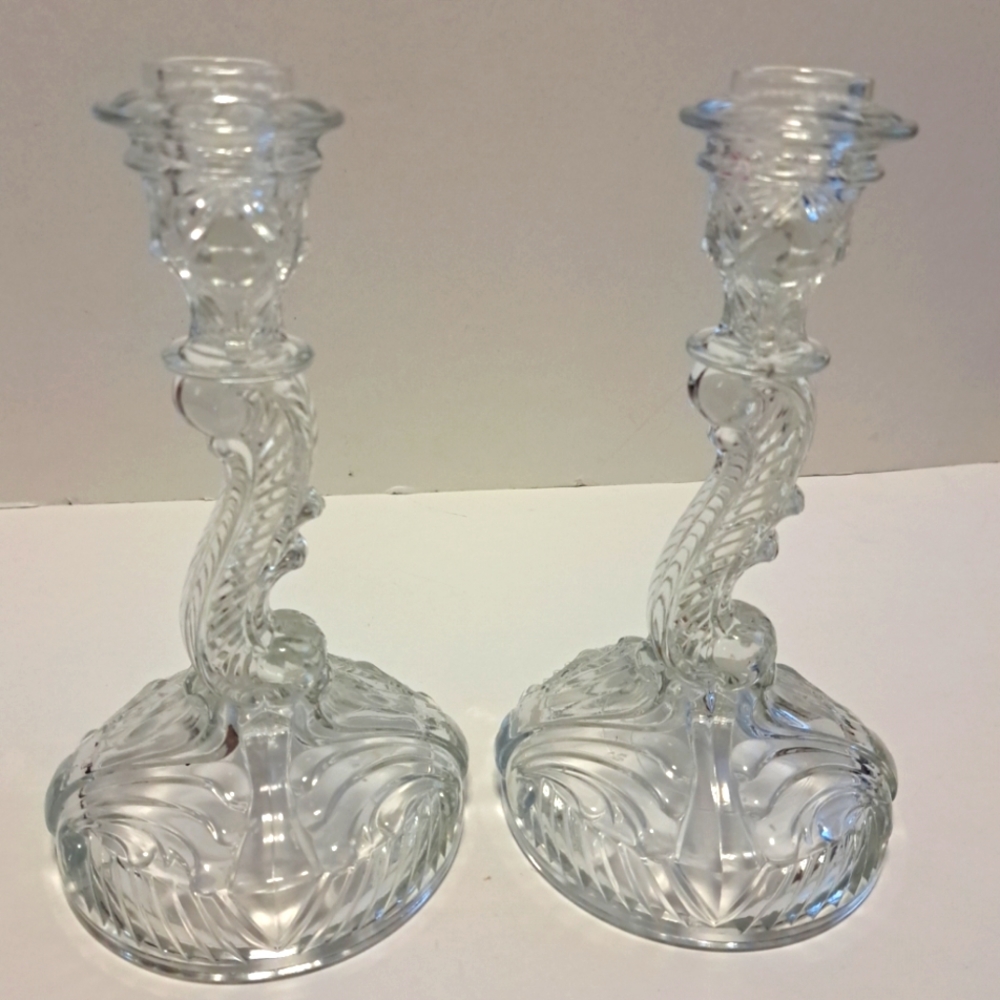 Vintage Indiana Glass Clear candle sticks pattern # 30, 8.5" tall, 4.5" base